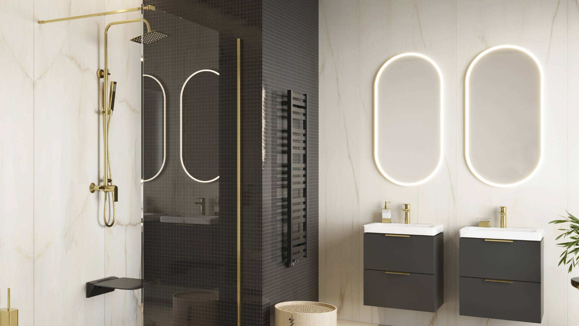 Lustro owalne LED w ramie aluminiowej złoty połysk