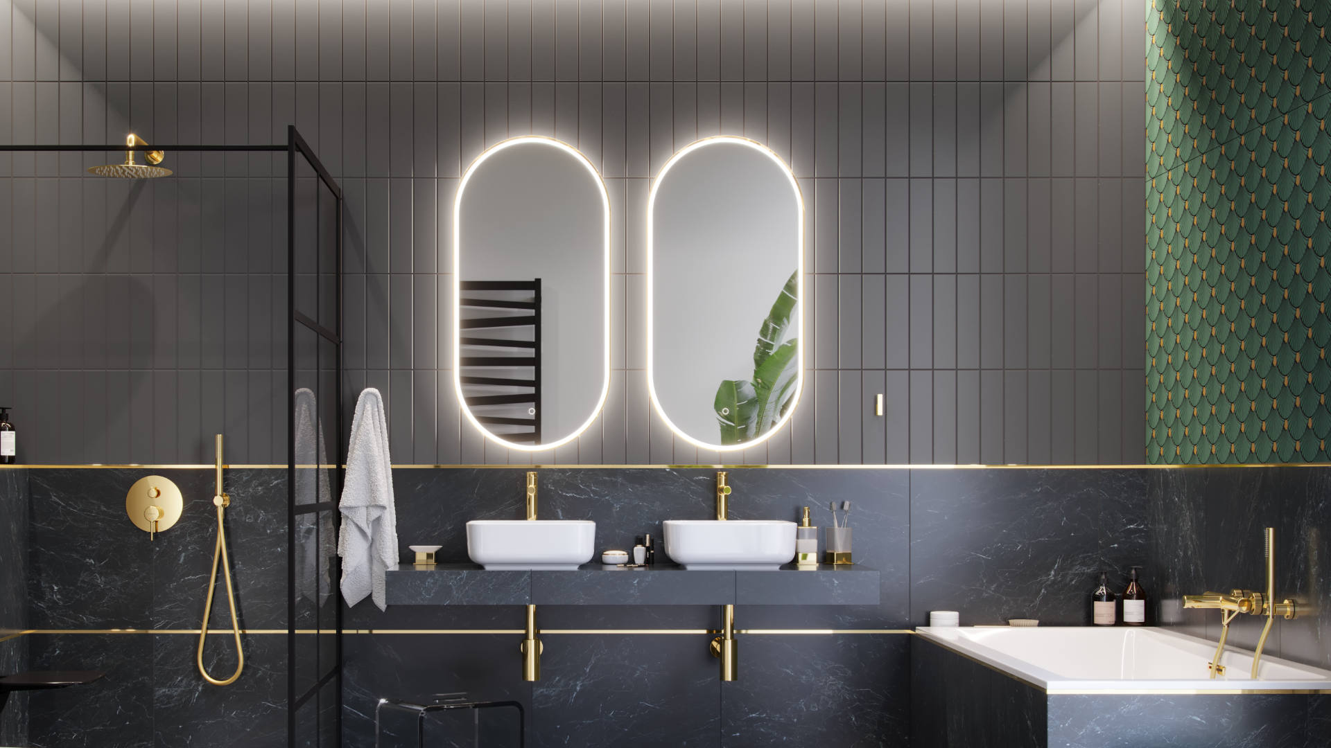 Lustro owalne LED w ramie aluminiowej złoty połysk