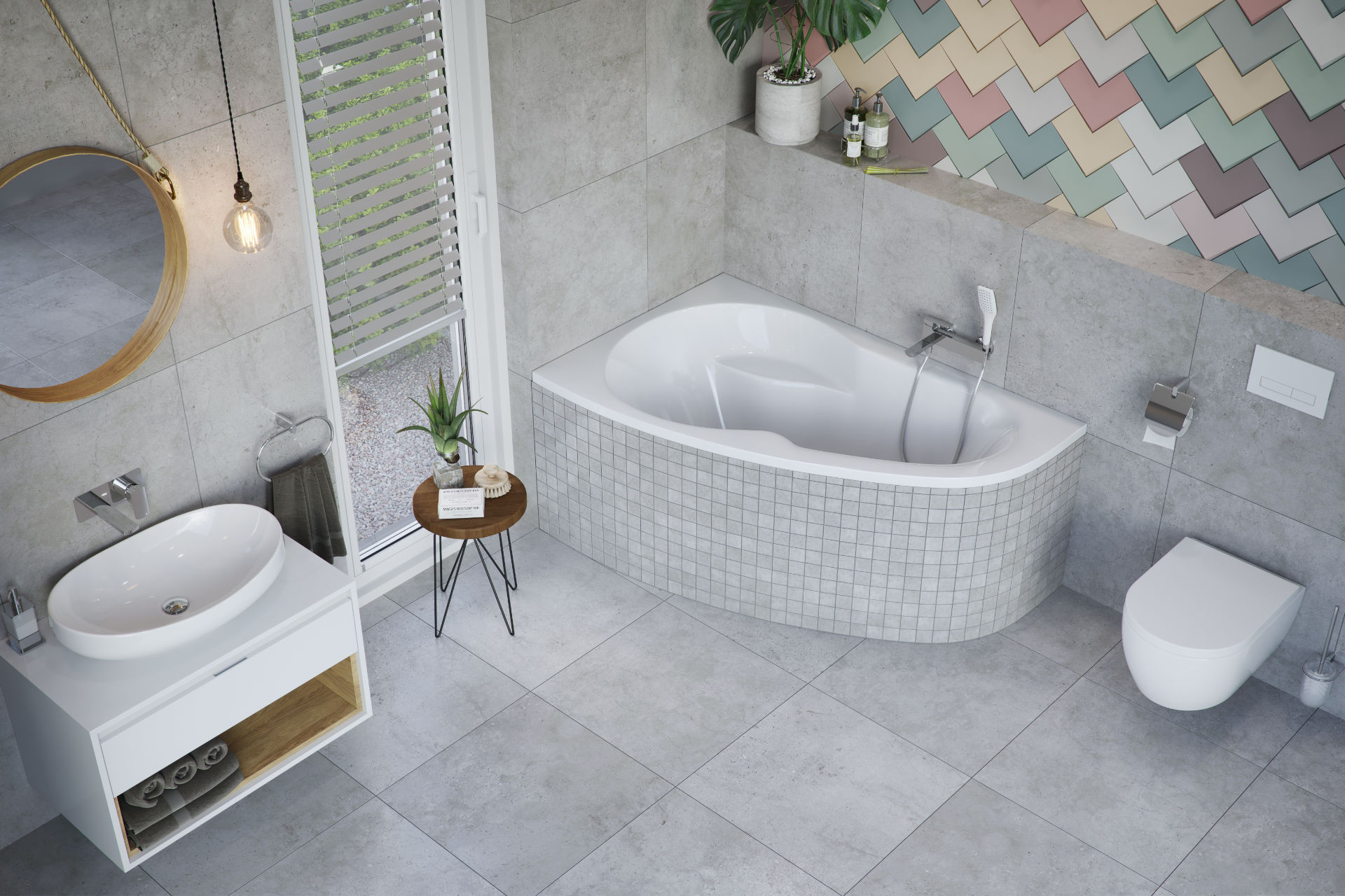 Newa Plus wanna narożna 150X95 kolorowe płytki