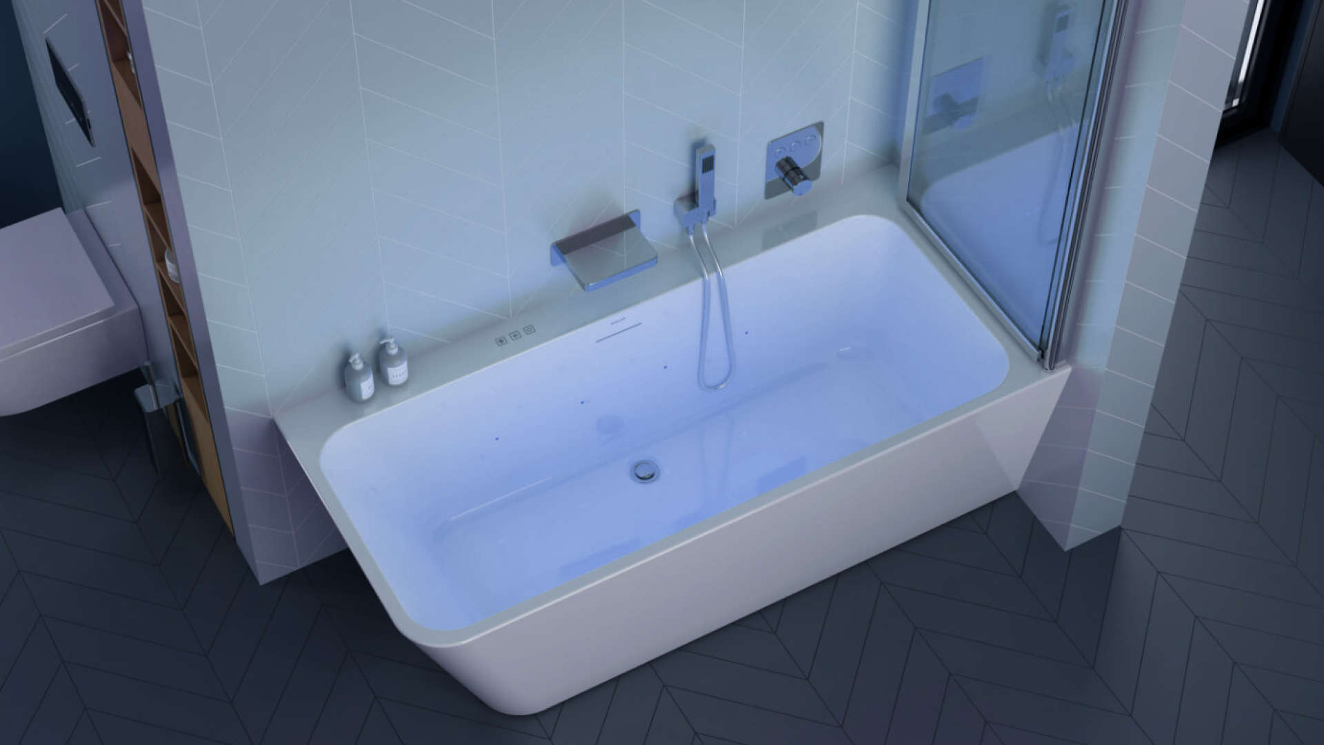 Chromoterapia 4-LED z wanną narożną Lila 2.0, 160 cm, prawą