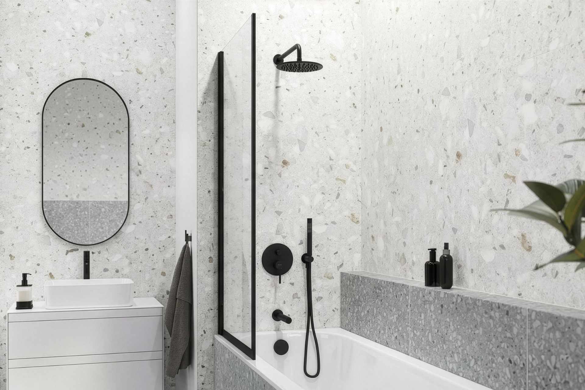 PI zestaw prysznicowo-wannowy podtynkowy 3 funkcyjny, z deszczownicą 25 cm, czarny mat