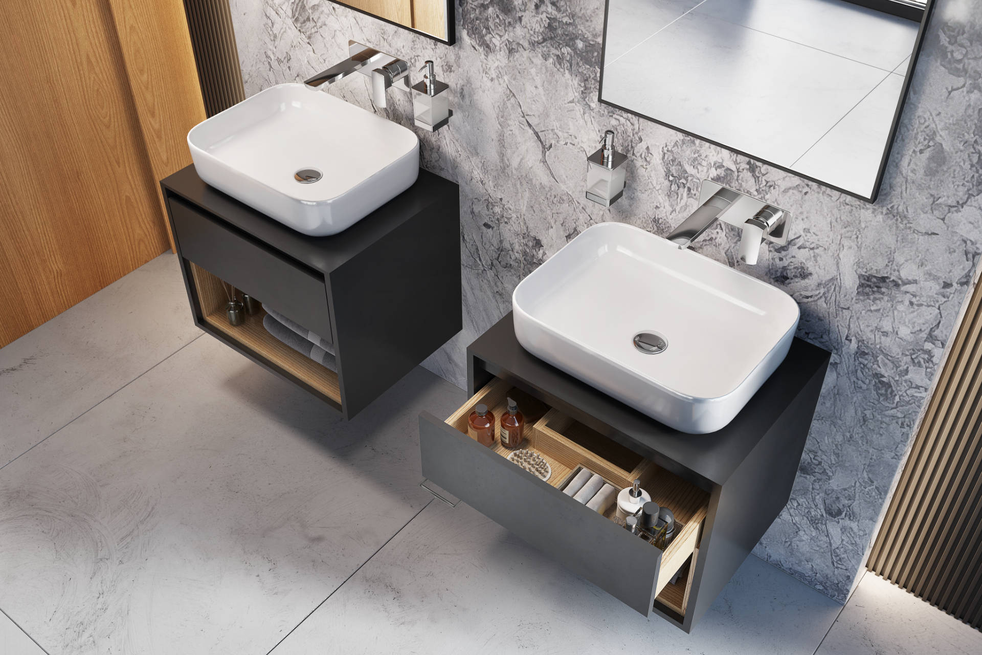 Tuto szafka wisząca pod umywalkę nablatową z szufladą Excellent od góry