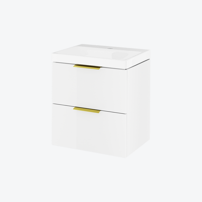 Blanko szafka 49 cm, biały połysk z umywalką z otworem na baterię, uchwyt złoty połysk