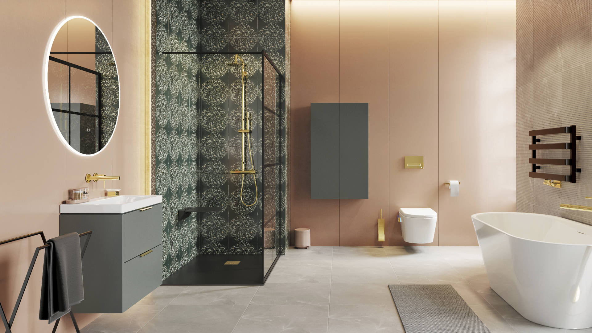 Blanko szafka 64 cm, szałwiowy mat z umywalką bez otworu na baterię, uchwyt złoty połysk