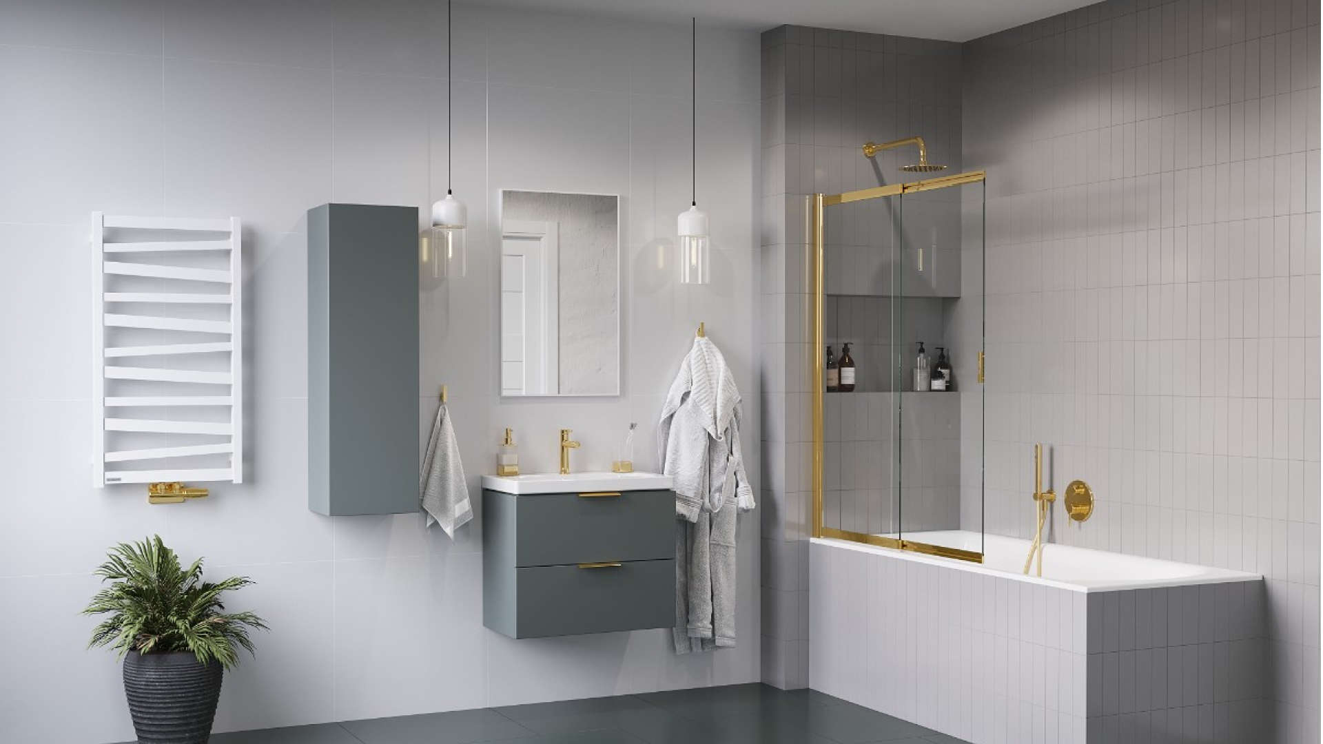 Blanko szafka 64 cm, biały połysk z umywalką z otworem na baterię, uchwyt złoty połysk