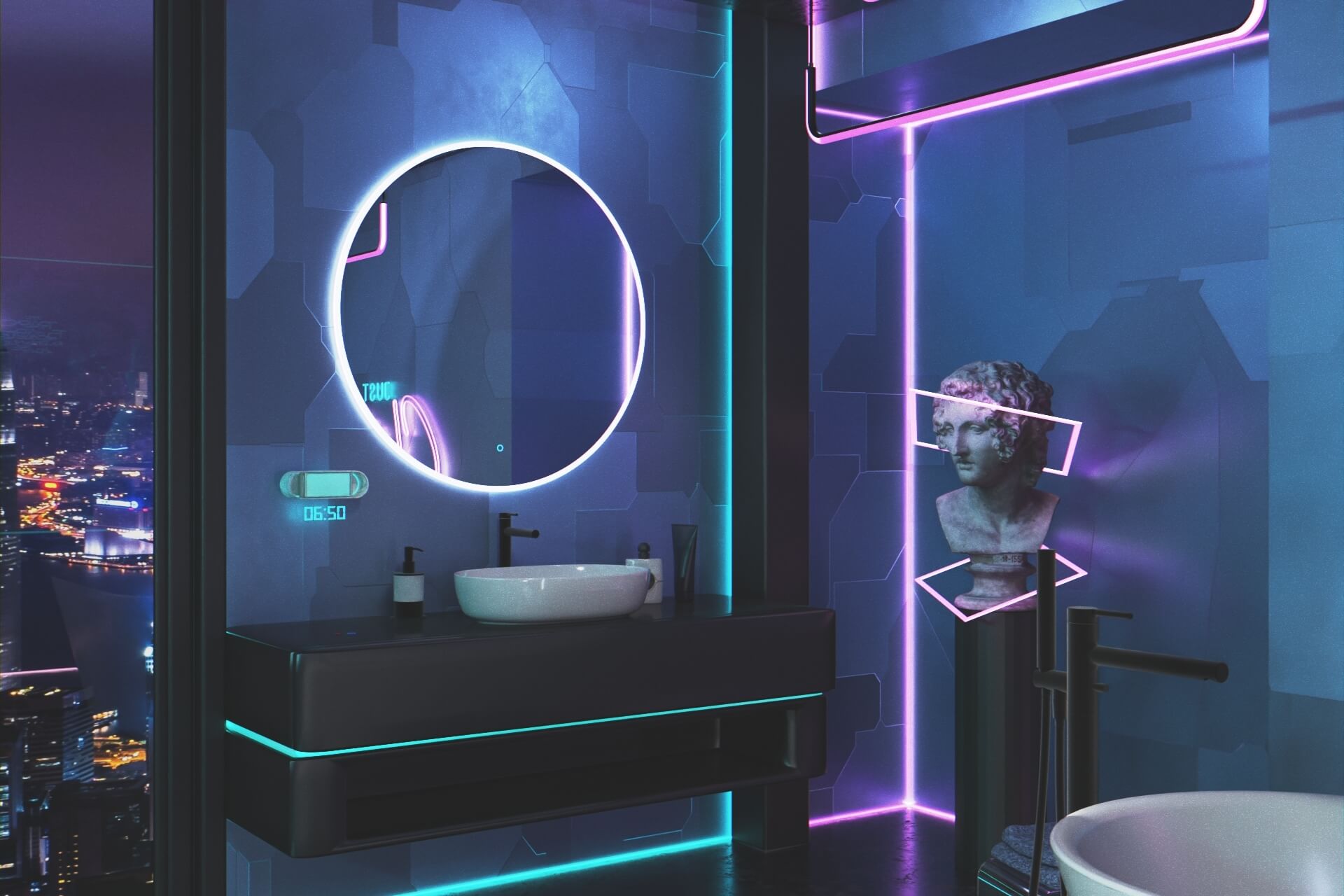 Lumiro lustro łazienkowe 80 cm okrągłe oświetlenie LED mata grzewcza, rama akrylowa CYBERPUNK