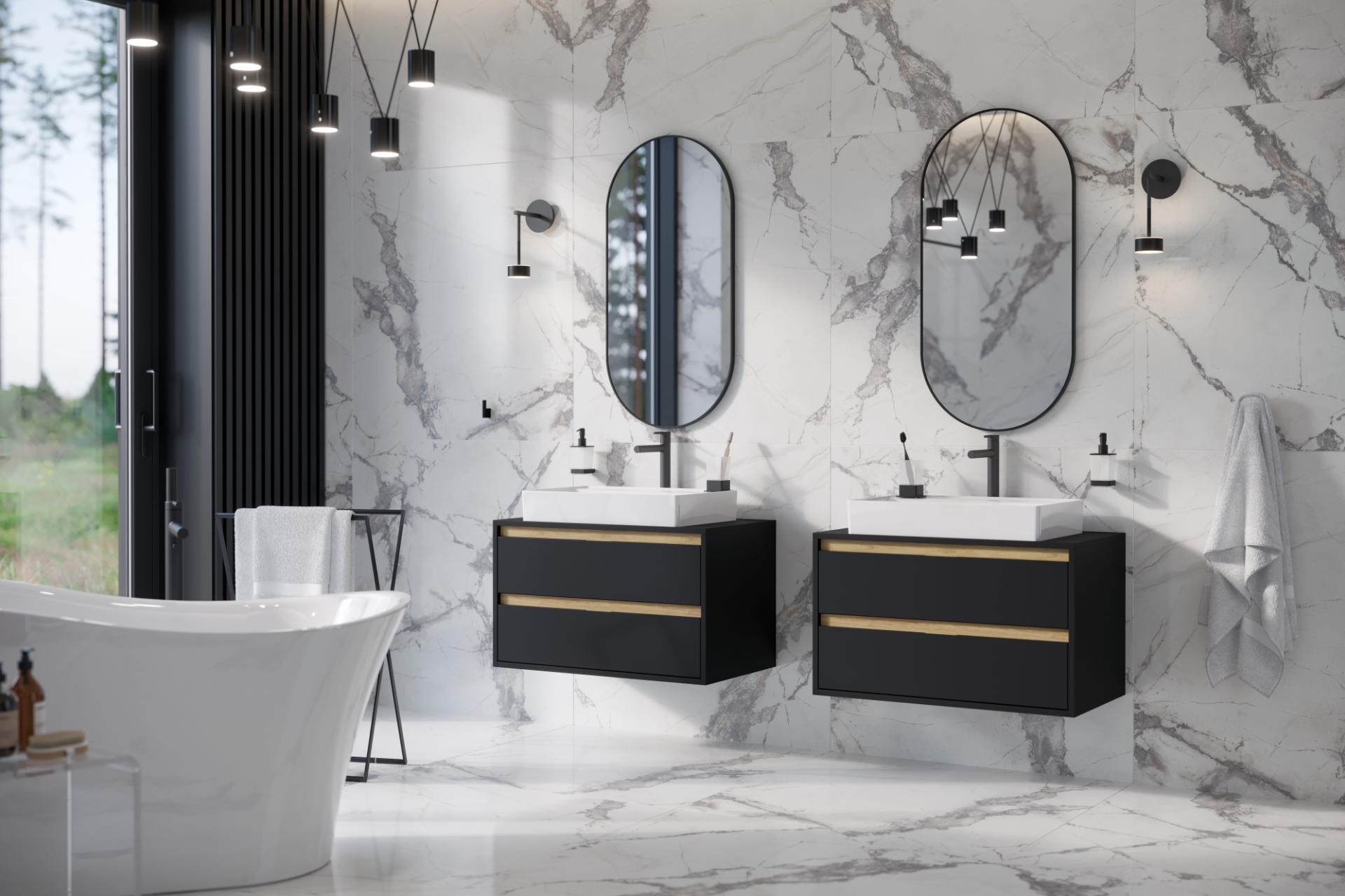 Tuto szafka wisząca pod umyalkę nablatową z szafkami Excellent lustro Revia