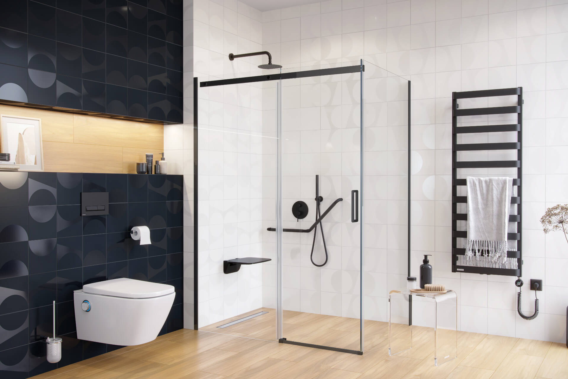 Rols kabina narożna 100x80 cm z drzwiami przesuwnymi 100 cm, powłoka Clean Control, czarny mat