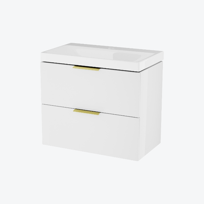 Blanko szafka 64 cm, biały połysk z umywalką z otworem na baterię, uchwyt złoty połysk