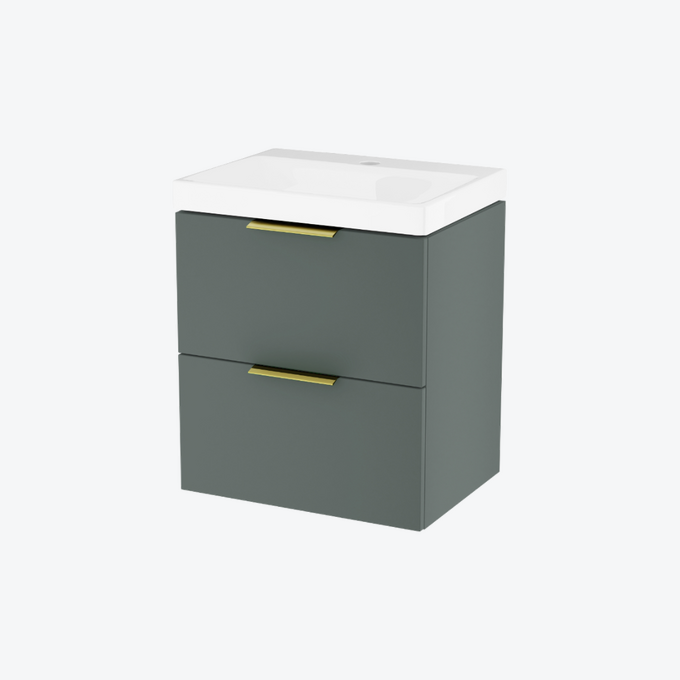 Blanko szafka 49 cm, szałwiowy mat z umywalką z otworem na baterię, uchwyt złoty połysk