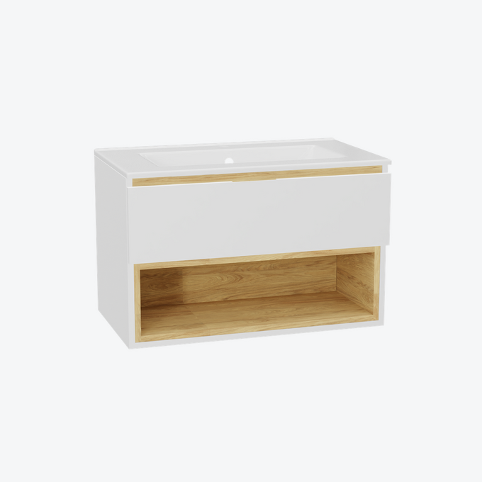 Tuto 2.0 szafka wisząca 80 cm 1 szuflada front gładki niski, umywalka As, biały/biały