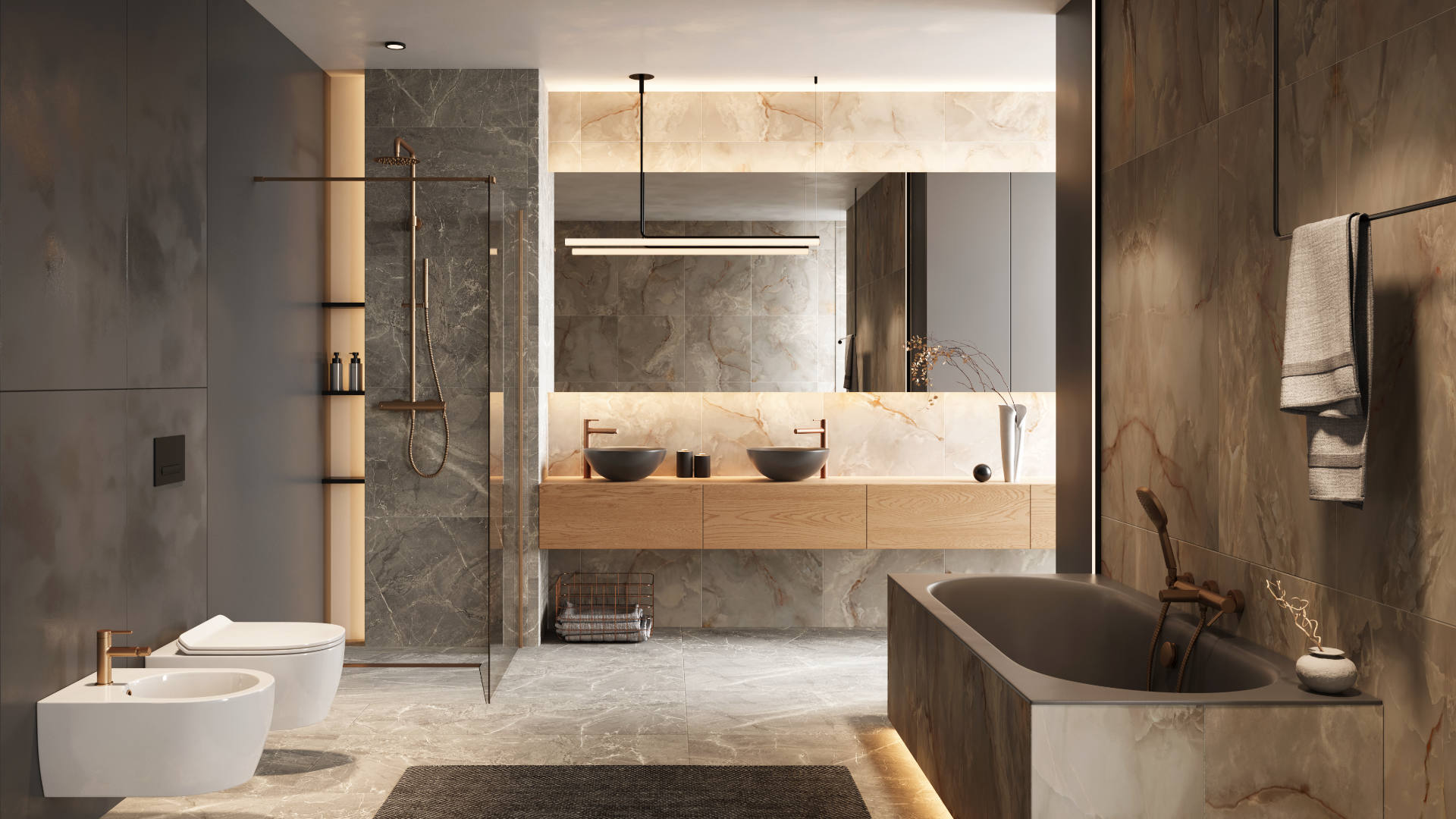 PI bateria umywalkowa stojąca wysoka, złoty szczotkowany