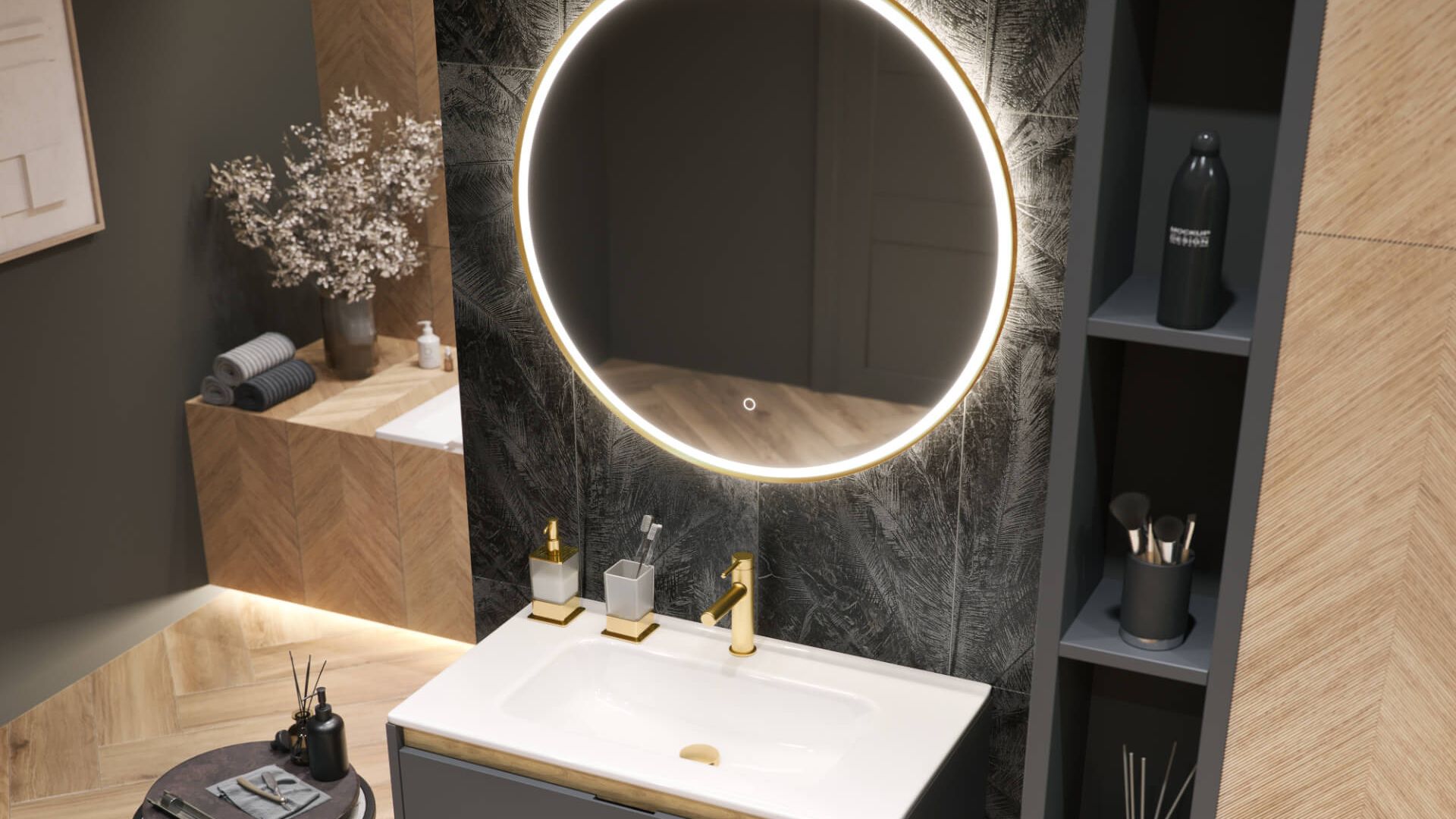 Corido lustro łazienkowe 100 cm okrągłe oświetlenie LED mata grzewcza, miedziany szczotkowany