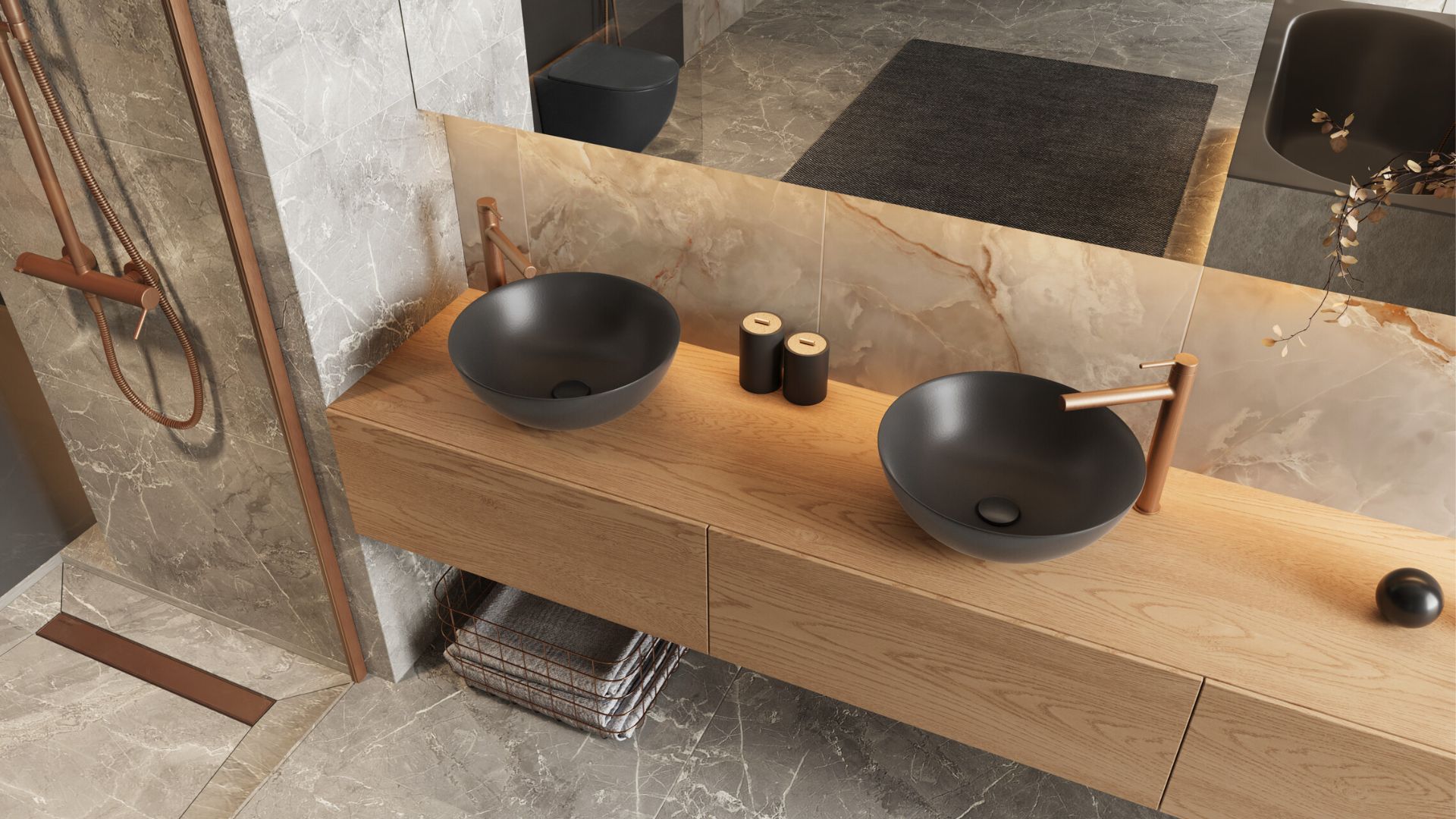 Design Korek klik-klak umywalkowo bidetowy, korpus złoty szczotkowany, pokrywa ceramiczna czarna