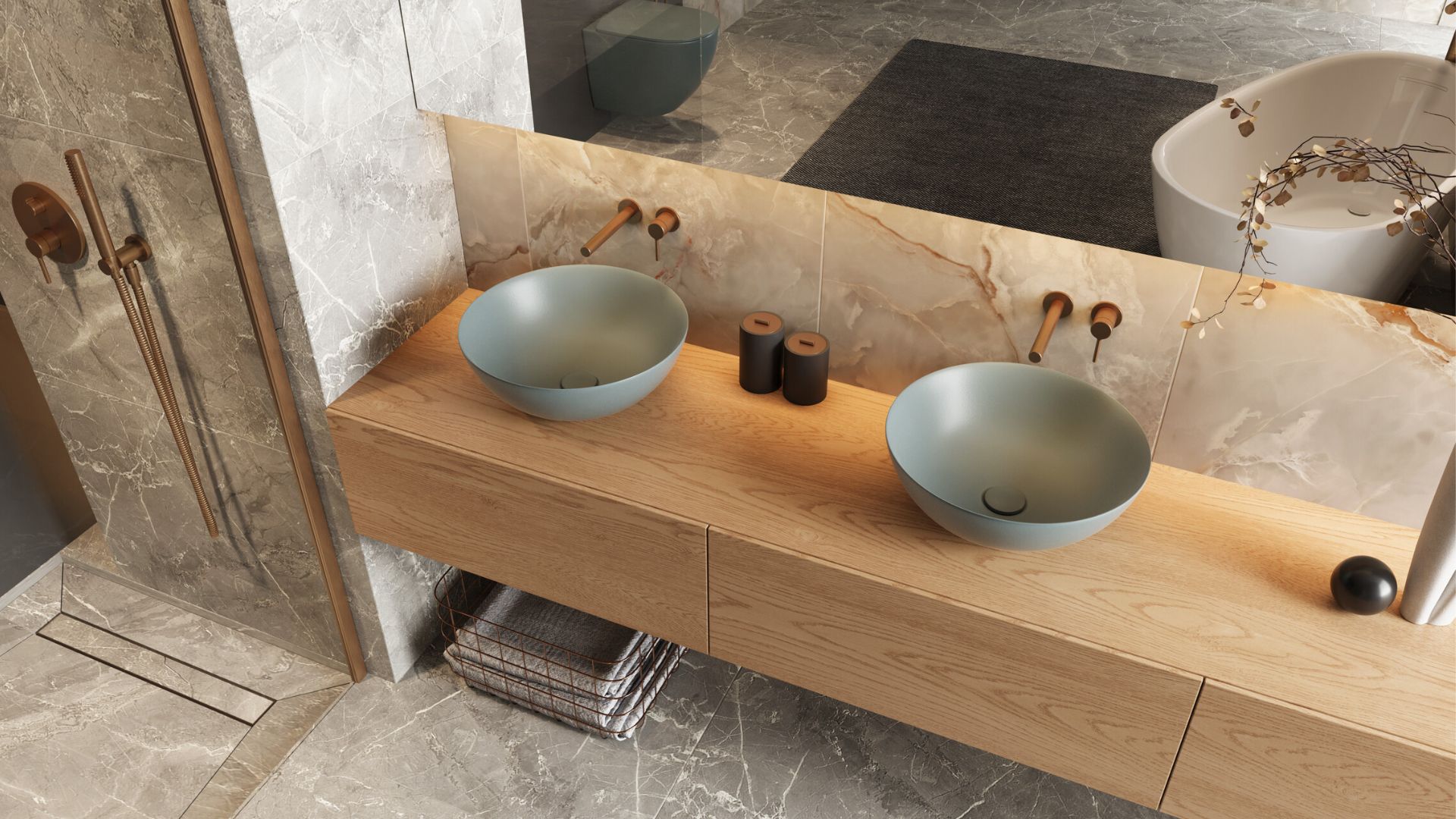 Design Korek klik-klak umywalkowo bidetowy, korpus złoty szczotkowany, pokrywa ceramiczna mint blue mat