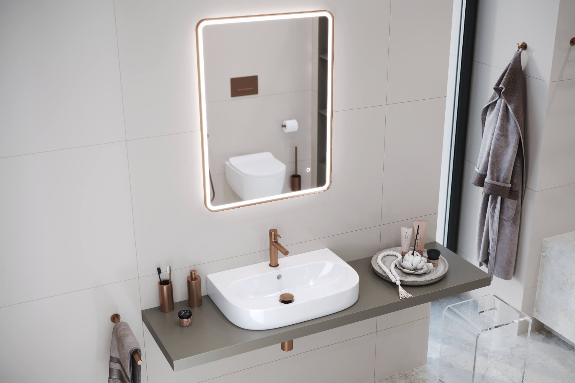 Corido lustro łazienkowe 80x60 cm prostokątne, oświetlenie LED mata grzewcza, miedziany szczotkowany