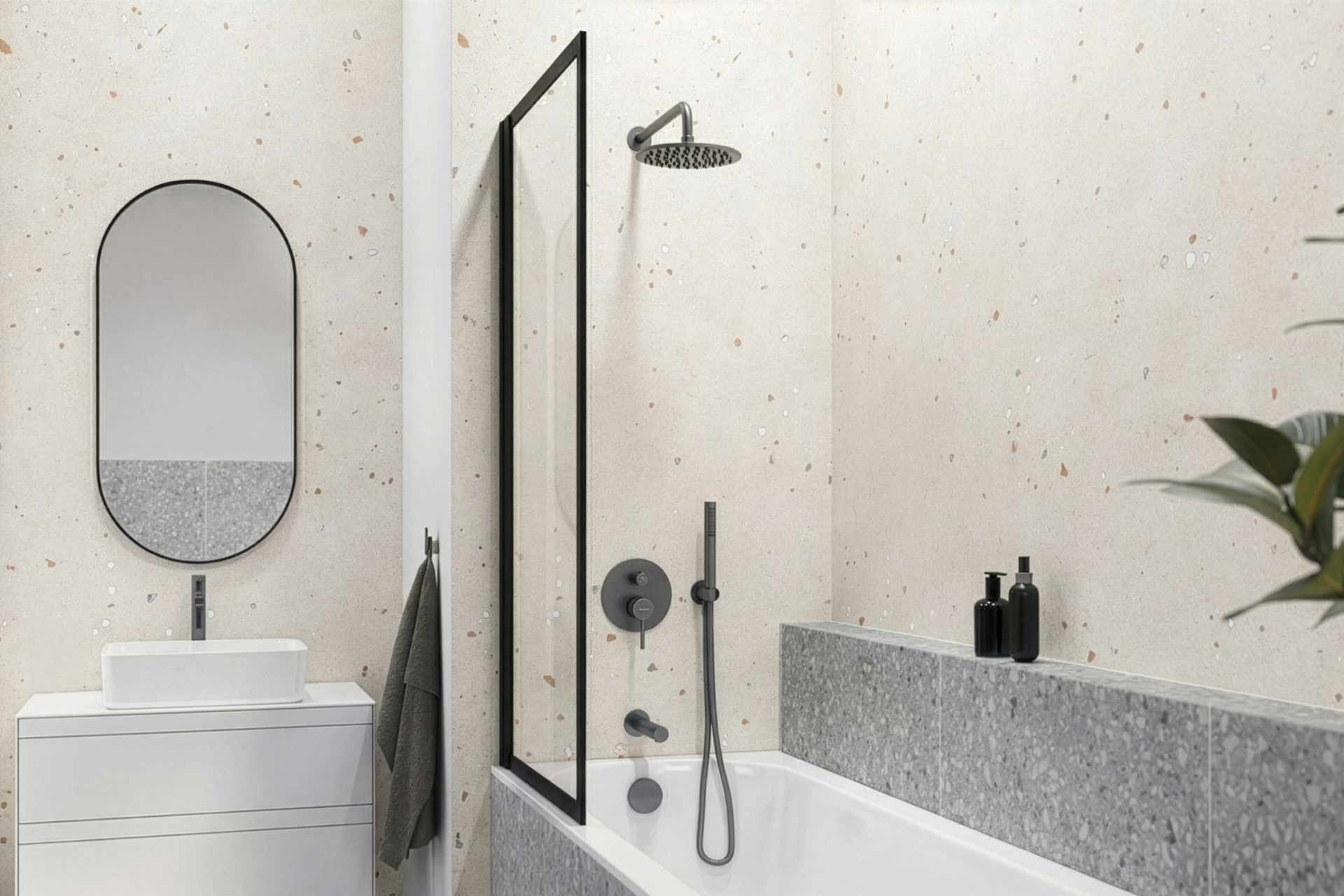 PI zestaw prysznicowo-wannowy podtynkowy 3 funkcyjny, z deszczownicą 25 cm, grafit szczotkowany