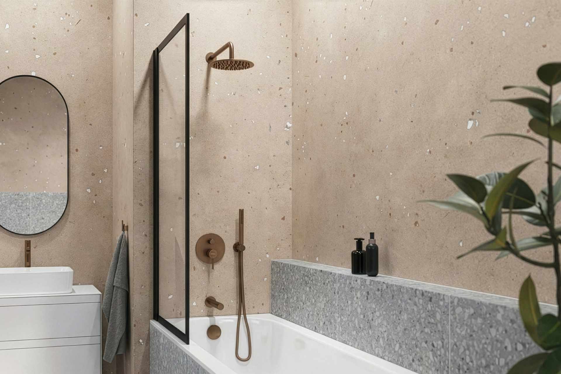 PI zestaw prysznicowo-wannowy podtynkowy 3 funkcyjny, z deszczownicą 25 cm, miedziany szczotkowany