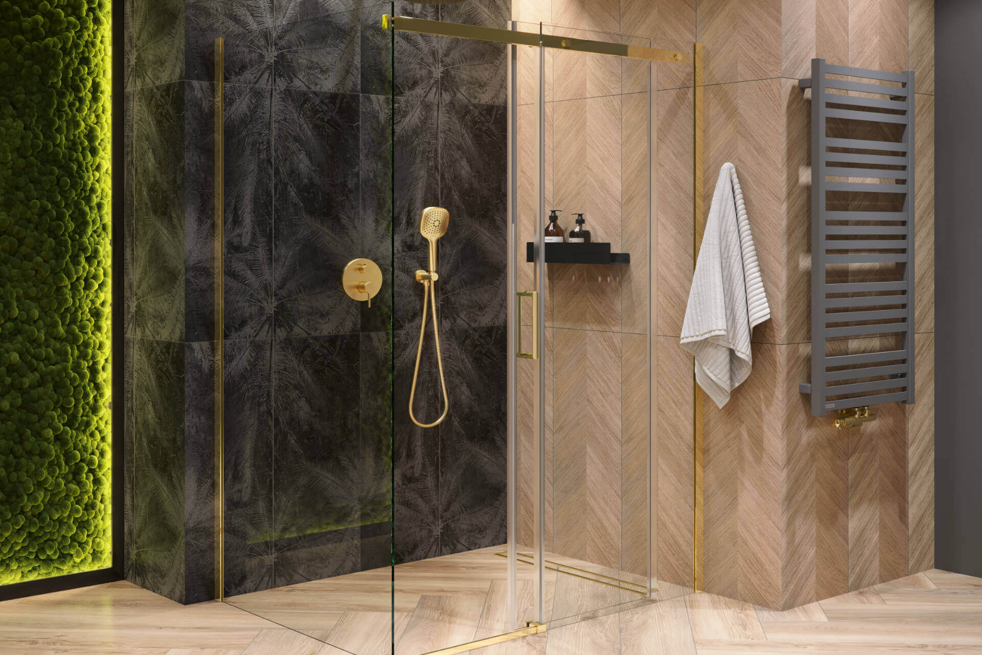 Rols kabina narożna 140x90 cm z drzwiami przesuwnymi 140 cm, powłoka Clean Control, złoty połysk