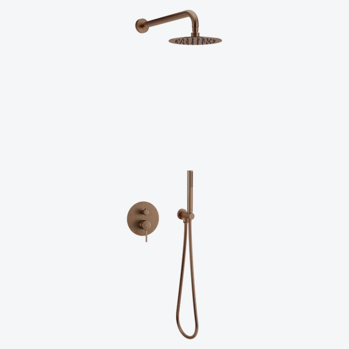 PI zestaw prysznicowo-wannowy podtynkowy 3 funkcyjny, z deszczownicą 25 cm, miedziany szczotkowany