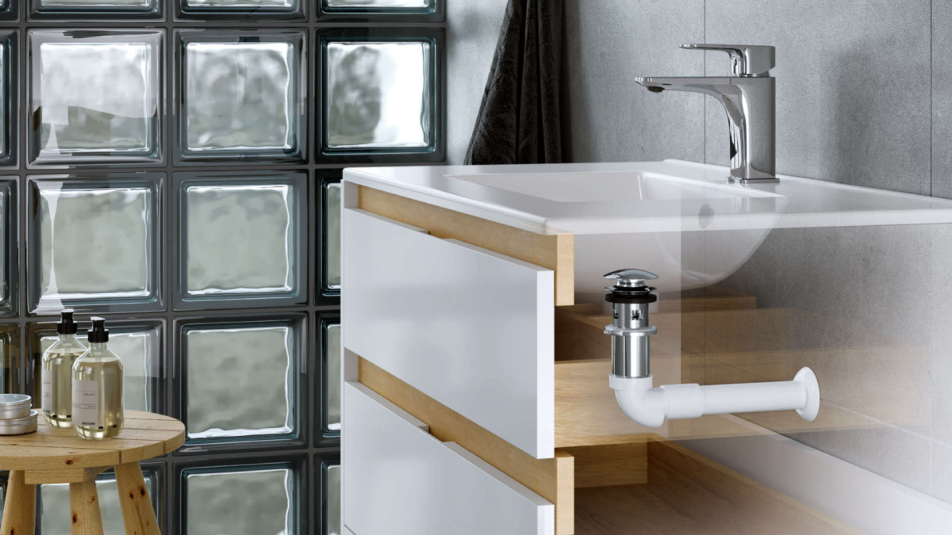 Syfon umywalkowo-bidetowy niski z rurą sztywną, biały wiz