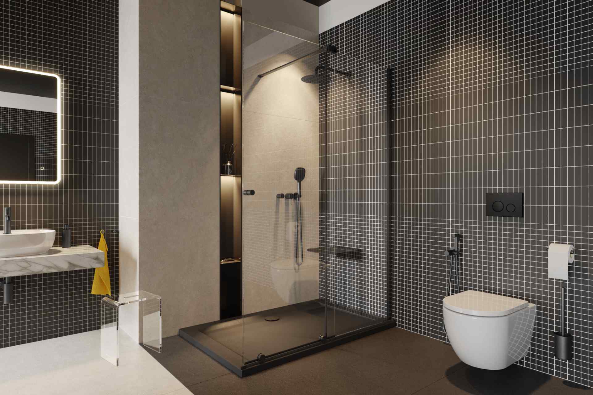 Angled connection with shower handset holder, brushed nickel