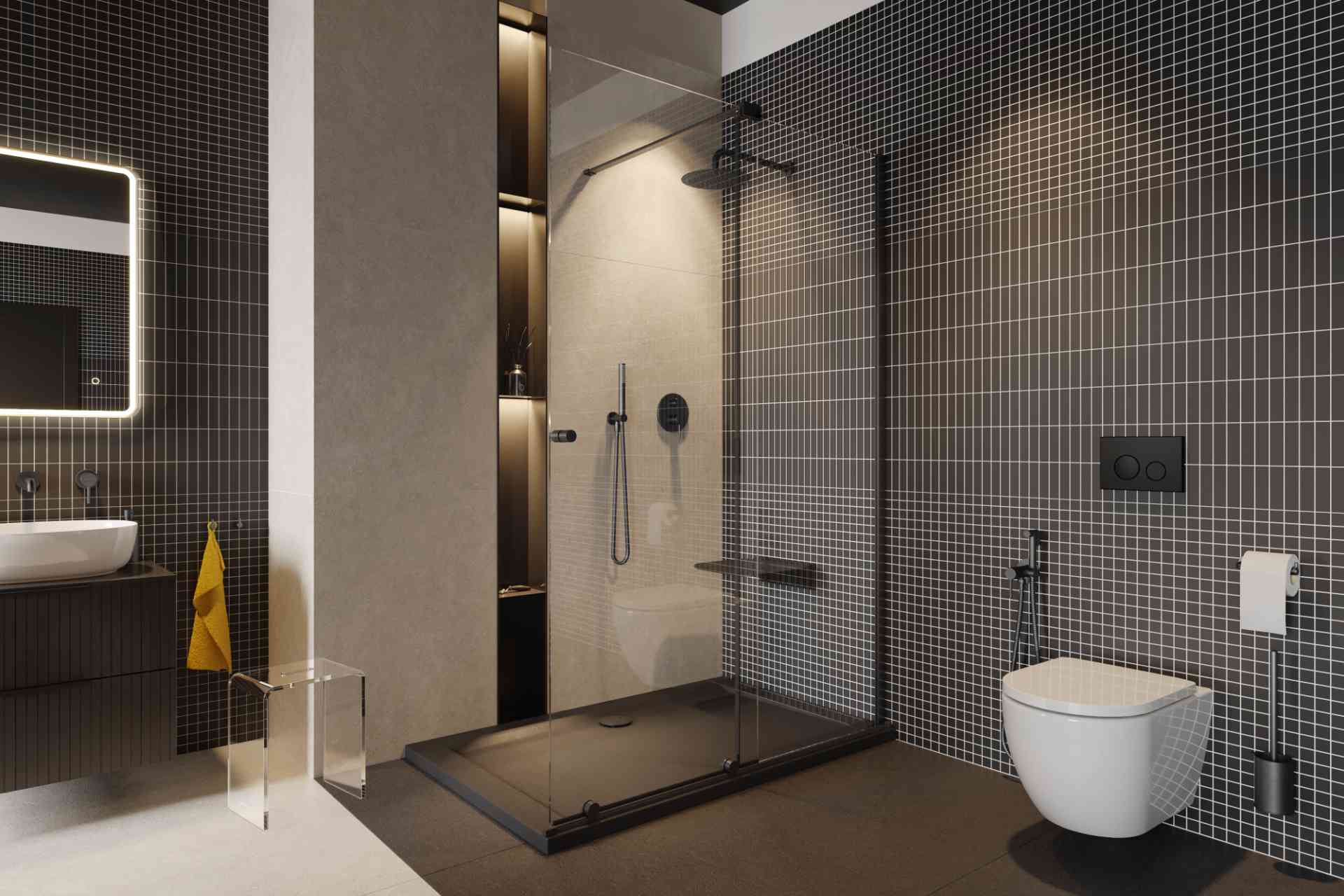 PI zestaw prysznicowo-wannowy podtynkowy 3 funkcyjny, z deszczownicą 25 cm, grafit szczotkowany