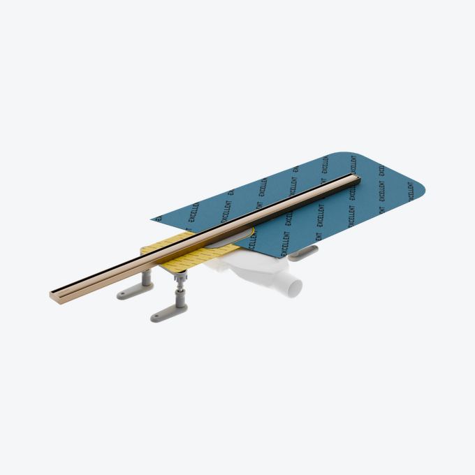 Stilio Slim odpływ liniowy 80 cm baza z syfonem mankiet uszczelniający ruszt dekoracyjny miedziany szczotkowany