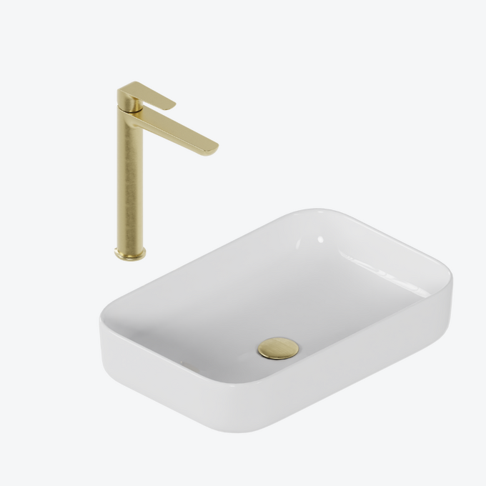 Zestaw promocyjny Cori 2.0 58x38 z baterią umywalkową wysoką Clever 2.0 złoty szczotkowany, korek klik-klak, złoty szczotkowany