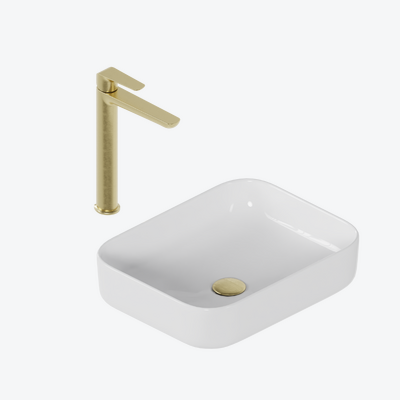 Zestaw promocyjny Cori 2.0 50x38 z baterią umywalkową wysoką Clever 2.0, złoty szczotkowany i korkiem klik-klak, złoty szczotkowany