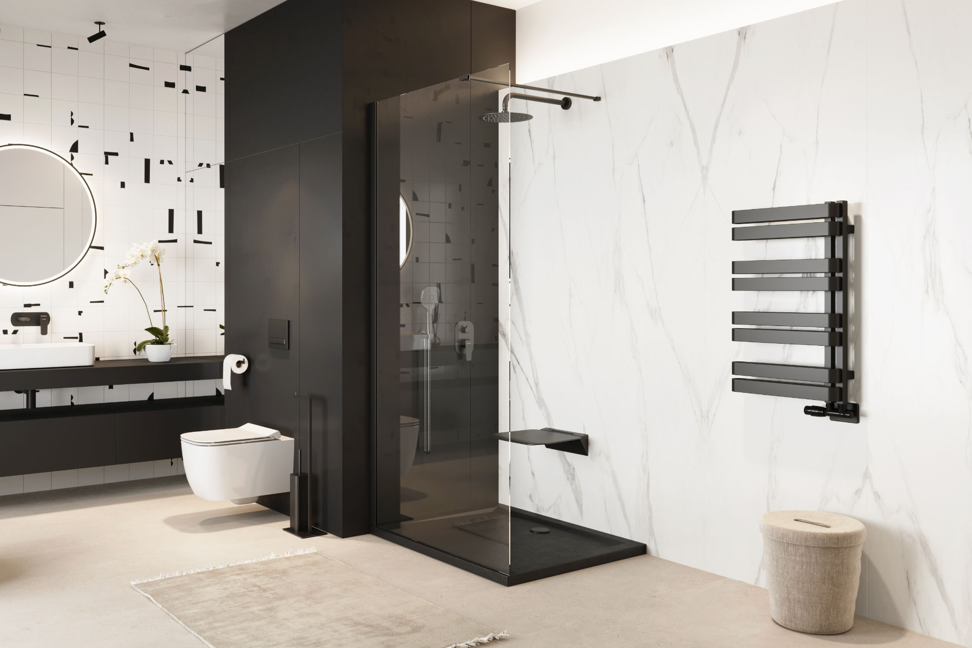 Meteor Side grzejnik łazienkowy asymetryczny 72x50 cm, czarny soft