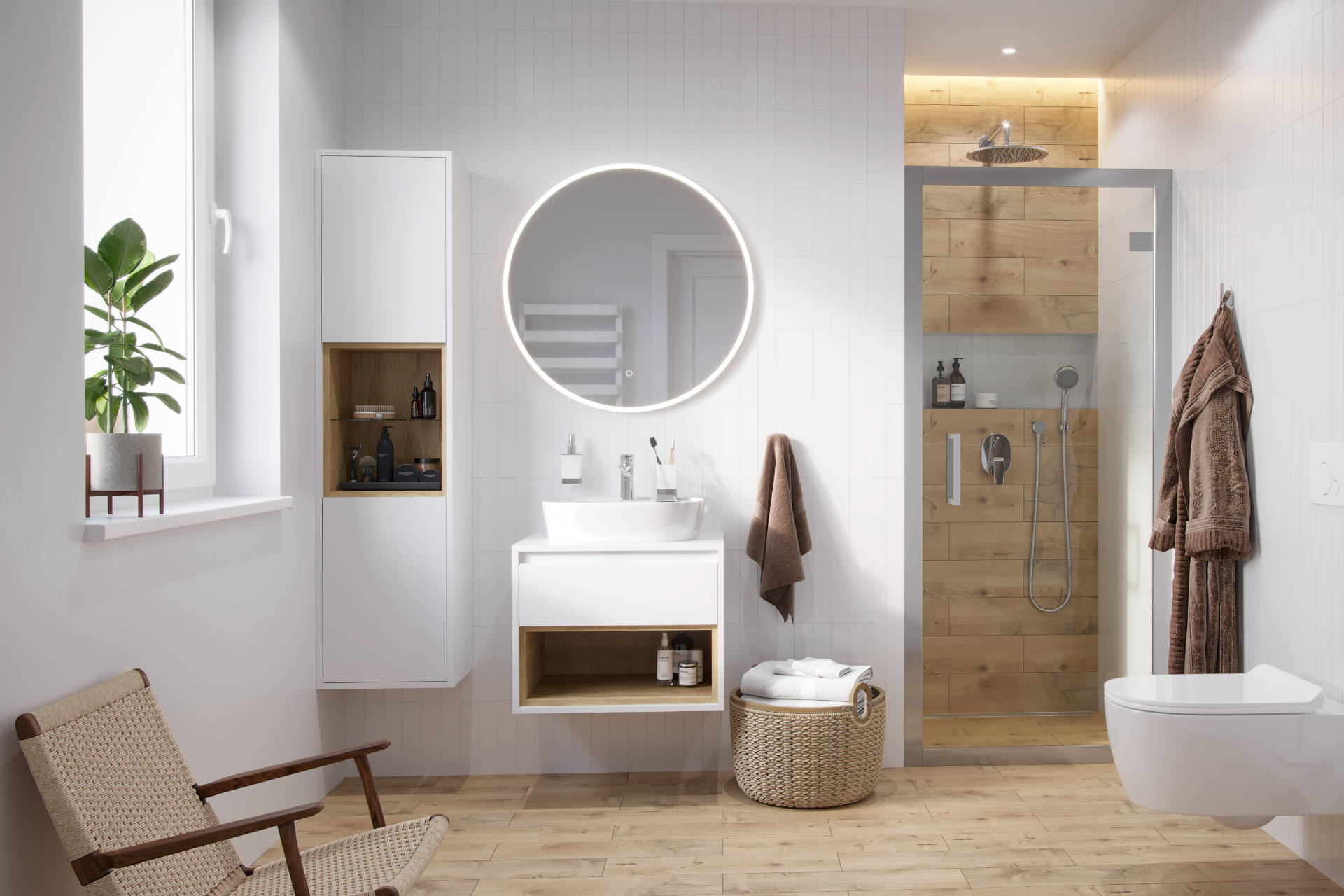 Tuto szafka wisząca 60 cm podumywalkowa z blatem, biały połysk/dąb