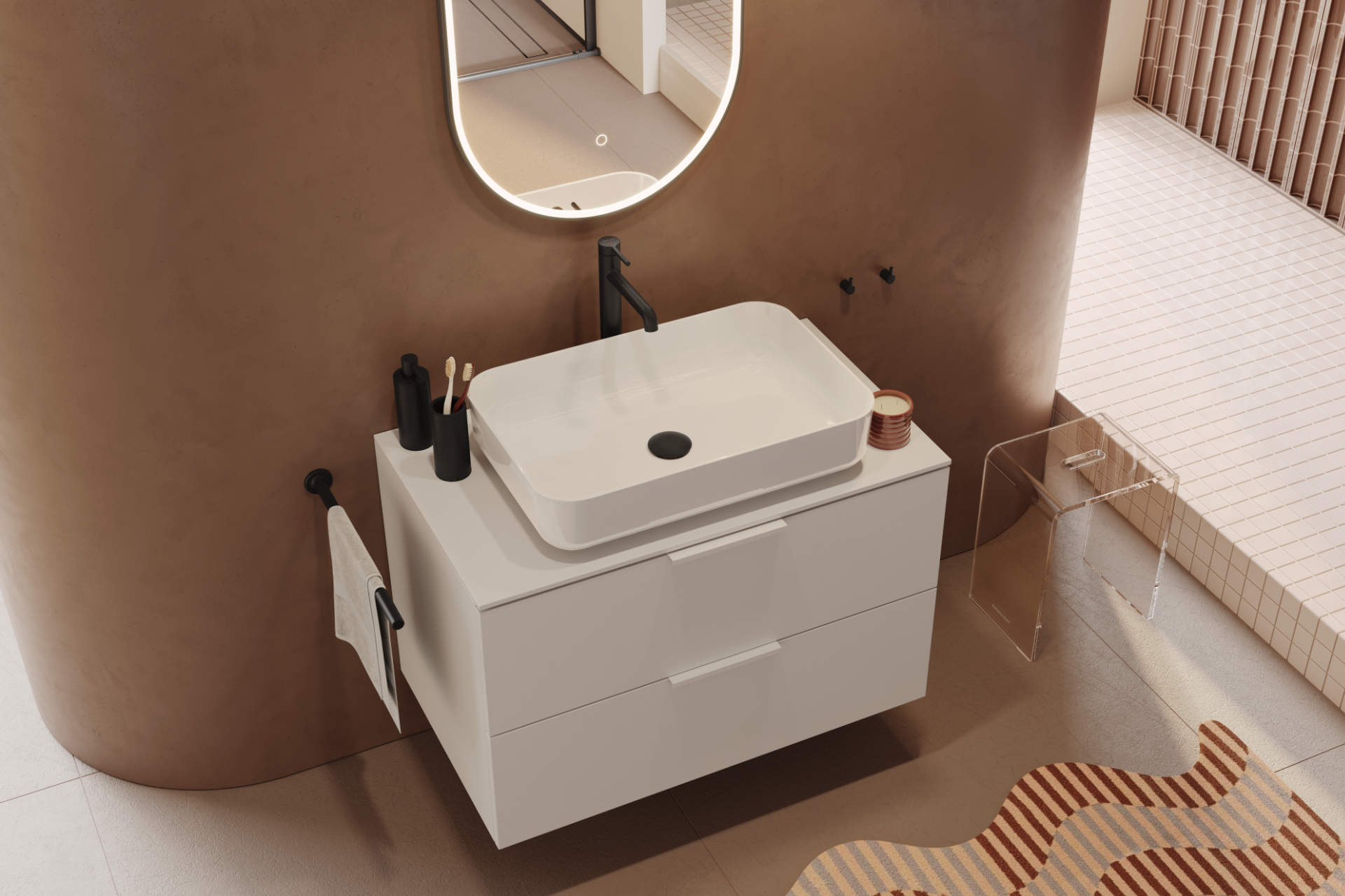 Cori 2.0 umywalka nablatowa 58x38 cm prostokątna, biały połysk