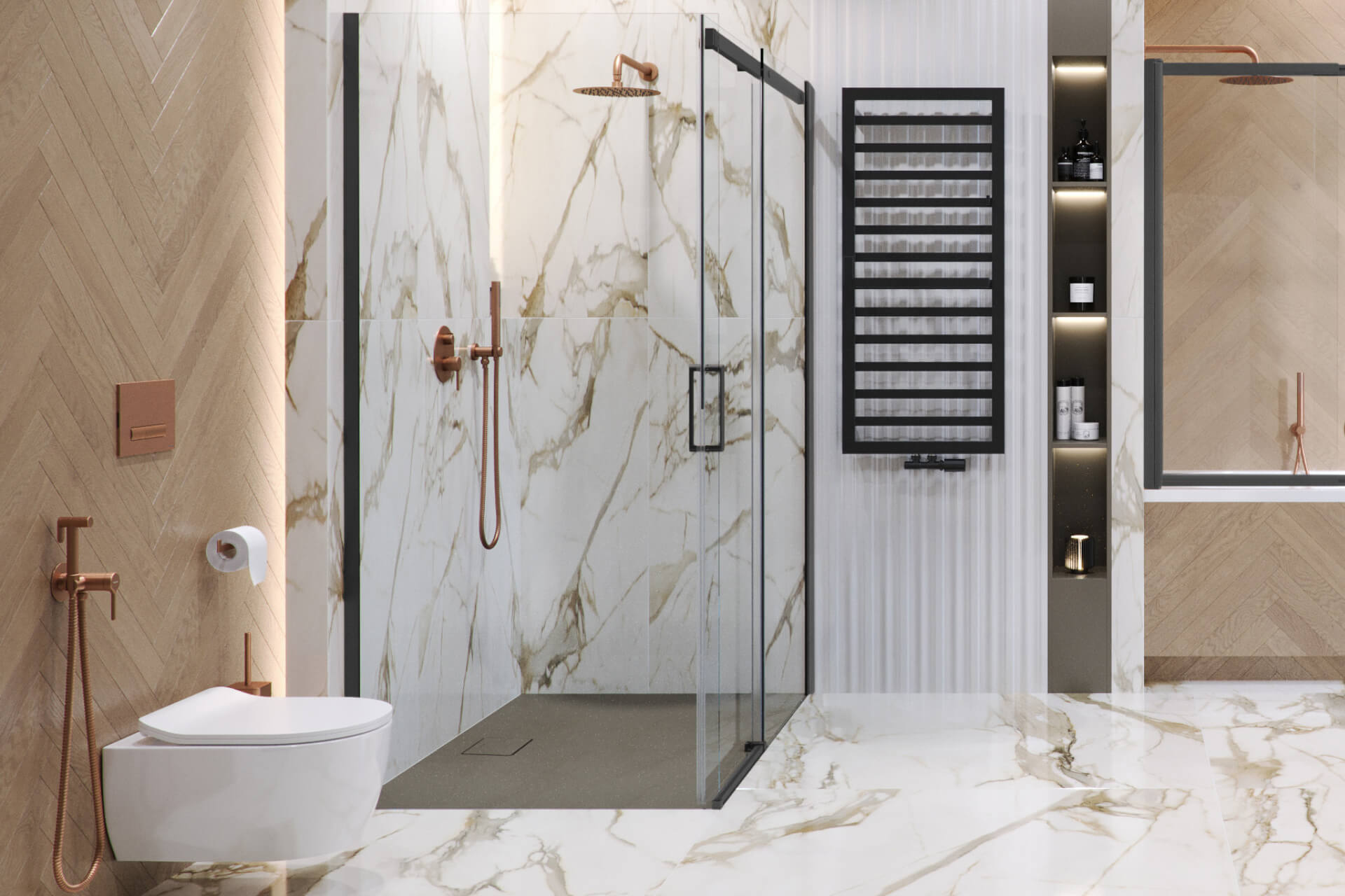 Caldo zestaw zintegrowany z głowicą termostatyczną, prawy, czarny mat