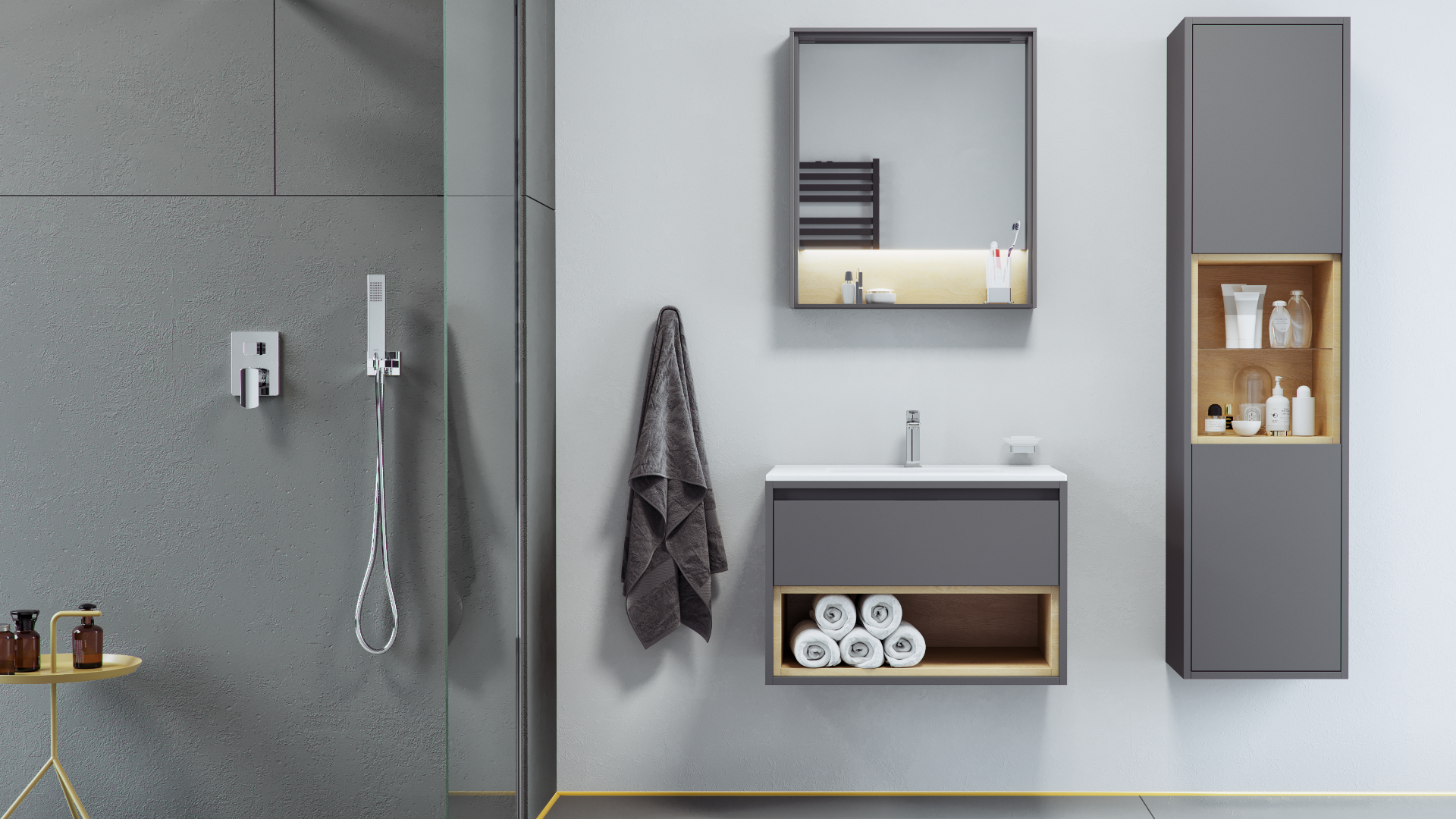 Tuto szafka 60 cm wisząca, 1 szuflada, z umywalką As, szary/dąb